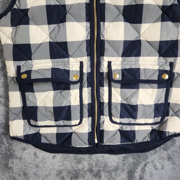 J Crew Down Quilted Plaid Puffer Vest Navy Cream Women Size Small Lined Full Zip - Picture 2 of 9